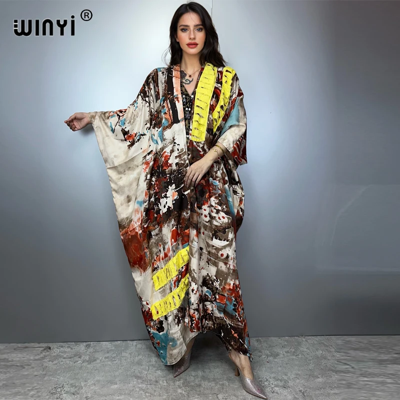 سترة نسائية صيفية مطبوعة من WINYI فستان طويل أنيق بوهو فضفاض لتغطية الشاطئ كيمونوس عباية دبي معطف مسلم فاخر