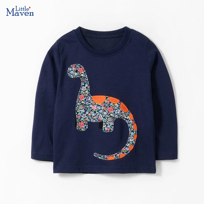 Little Maven Baby Boys Girls Children\'s Clothing 2024 Autumn Cartoon Dinosaurs Long Sleeves T-shirts Cotton Tops Kids Clothes