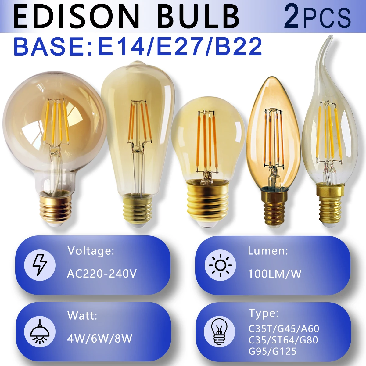 2pcs E27 B22 Retro Edison LED Filament Bulb Lamp AC220V-240V Light Bulb A60 G125 6W 8W Glass Bulb Vintage Globe Light