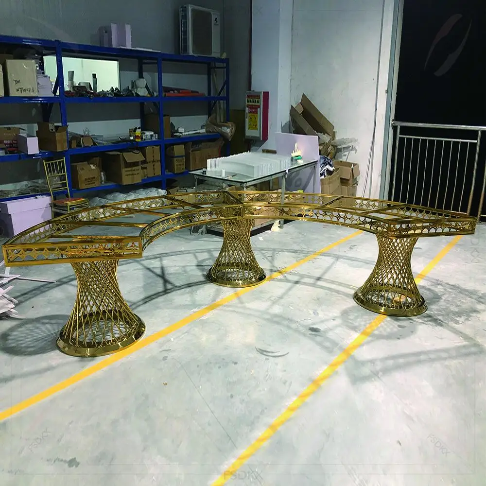 FSDKX الحديثة على شكل حرف S أو نصف القمر طاولة الزفاف إطار من الاستانلس ستيل الزجاج العلوي مأدبة الزفاف الحدث نصف طاولة مستديرة #2