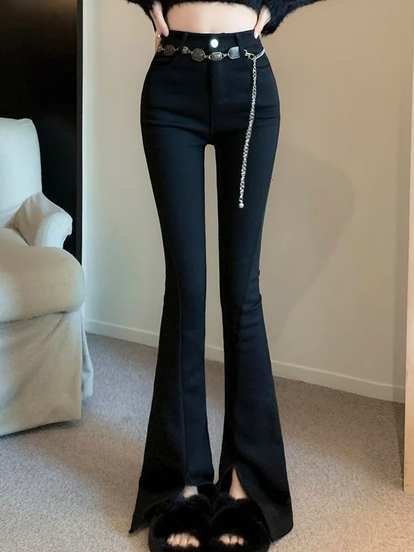 Slimming High Waist Thickened Fleece Straight Leg Pants Sexy Elastic Slit Micro Flared Long Trousers Versatile Casual Pants