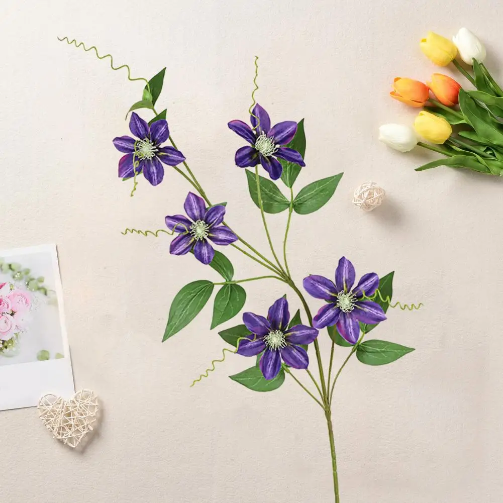 Maintenance-free Artificial Flowers Realistic 5-head Clematis Fake Flower Easy-care Simulation for Wedding Home for Decoration