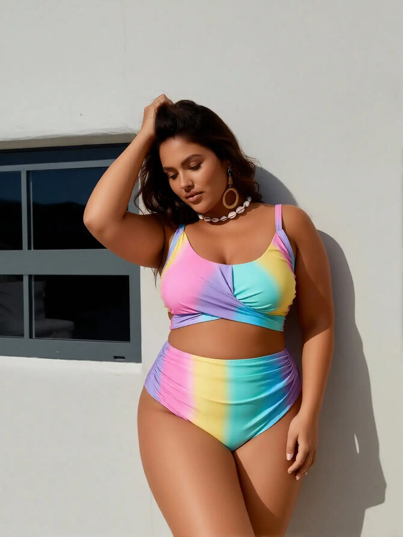 2026 Women's Playful Two-Piece: Pastel Rainbow Ombre Wrap Crop Top and Matching High-Waisted Briefs