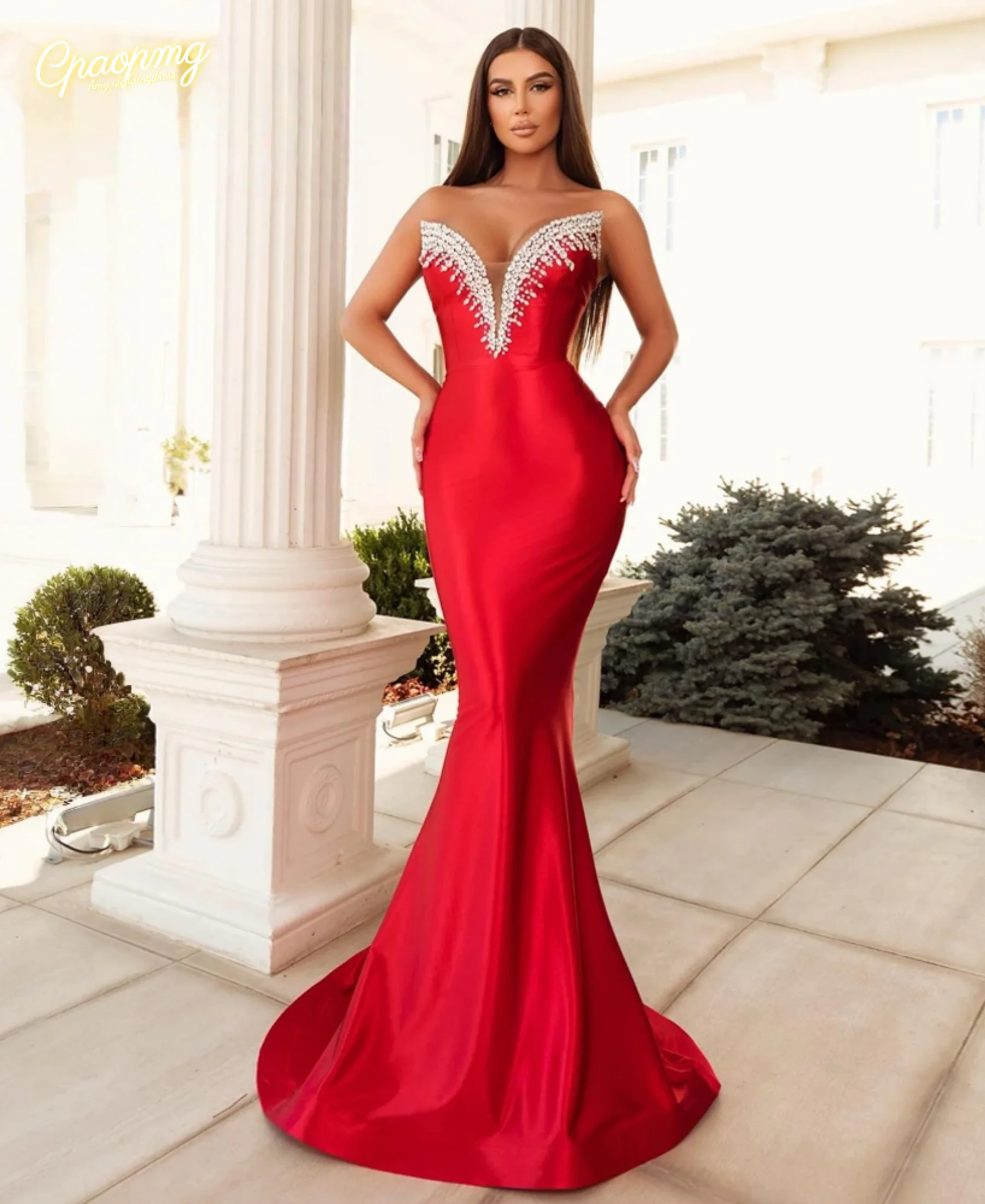 

Customized Exquisite Trumpet Prom Dresses For Women V-neck Lacing Up Formal Party Dress Vestido de novia