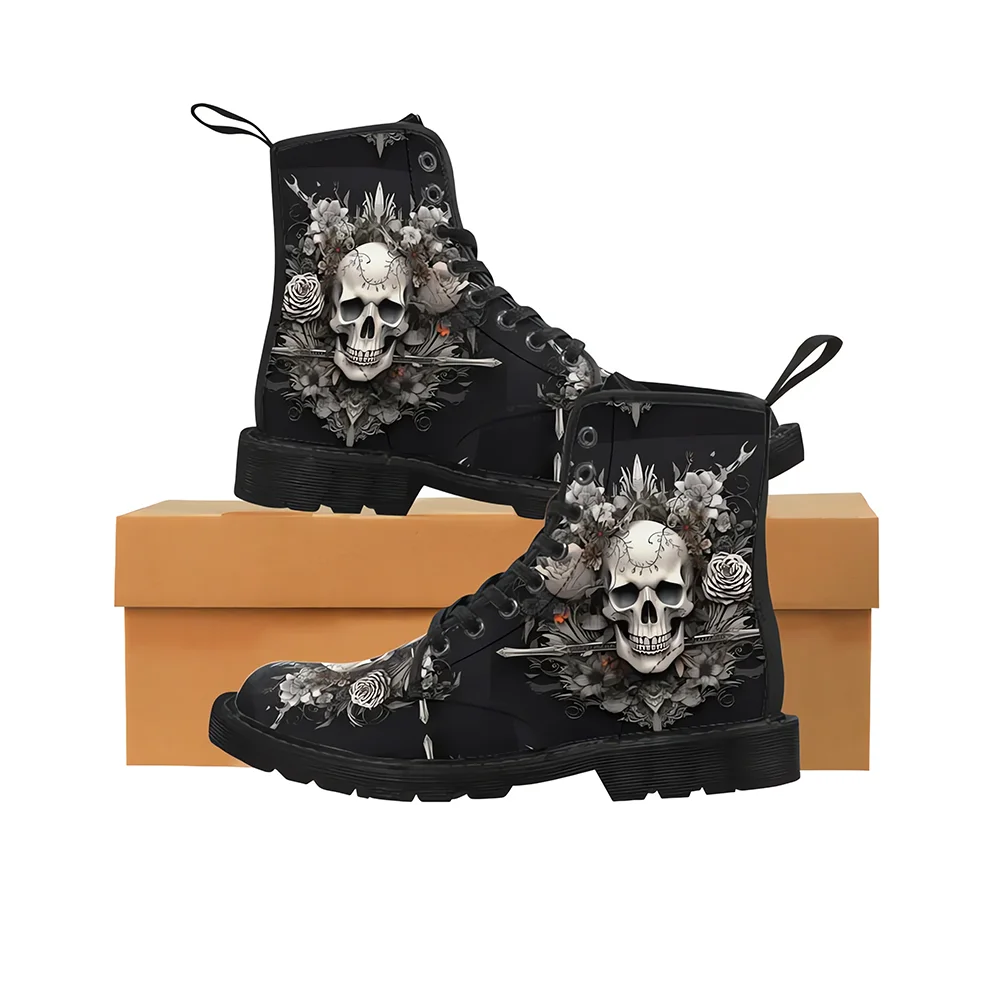 

Dark gothic skull print plush boots casual mid-calf boots stylish classic and versatile autumn and winter boots