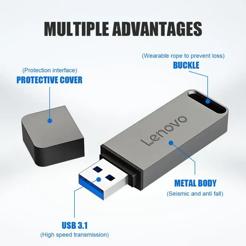 Lenovo Pen Drive 2TB High Speed Flash Memory Metal Pendrive 1TB Flash Drive 512GB USB 3.1 Memory Storage Device U Disk for PC