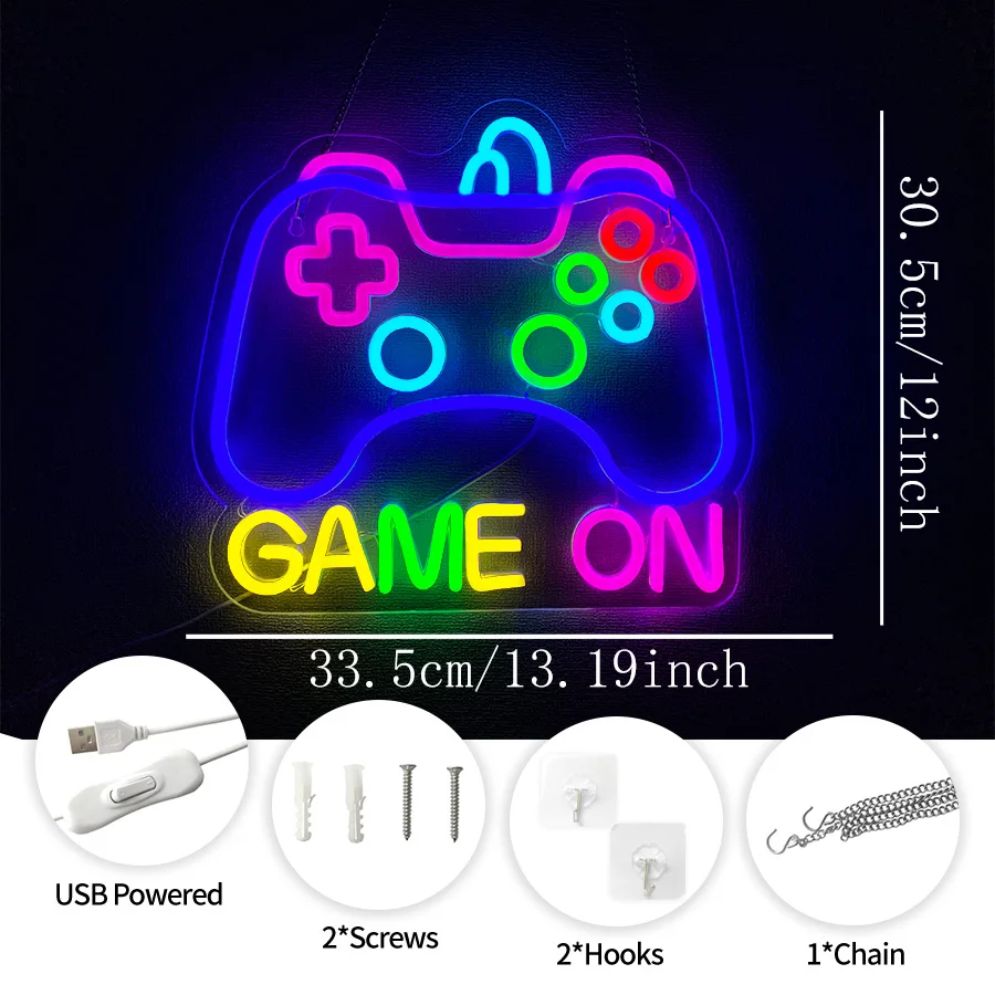 Game On Led Neon Sign Wall Decor, Game Handle Icon The Best Gift For Players And Teenagers, Bedroom Club Boy Room Game Room Sign