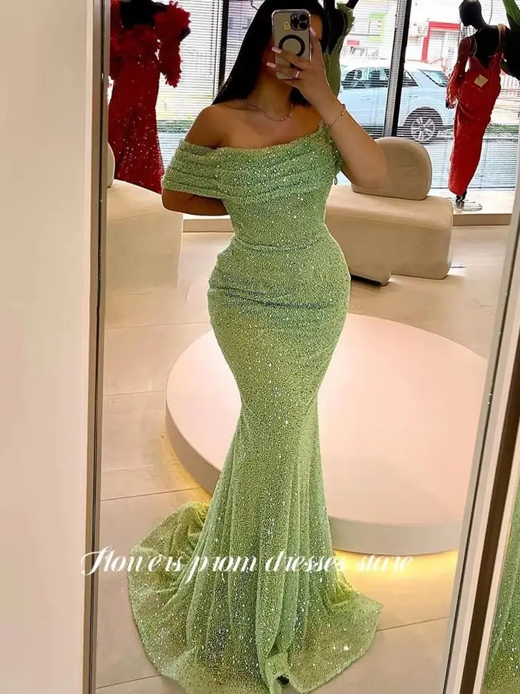 Flowers Off Shoulder Party Dress Glitter Evening Dress Mermaid Sequin Party Dress Brilliant for Women Vestidos Customized image 3
