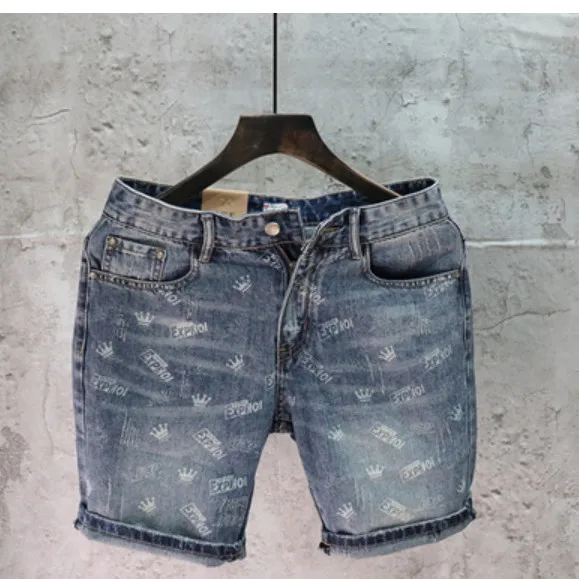 New Summer Luxury Clothing Denim Casual Short Jean Men Shorts Knee Length Washed Printed Fashion Korean Punk Trendy Cowboy Pants