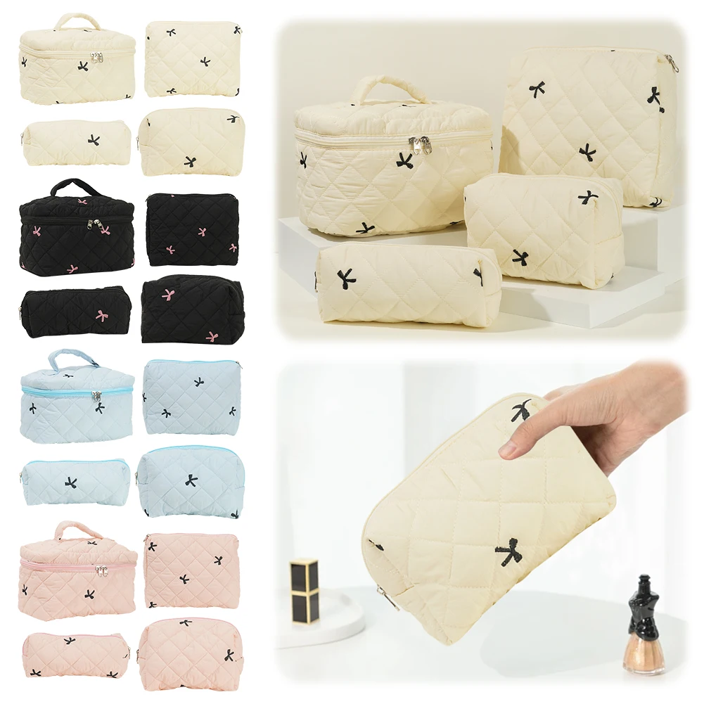 4 Pcs Makeup Bag Embroidered Bow Women Travel Cosmetic Bag Quilted Toiletry Bag Cute Kawaii for Travel Shopping