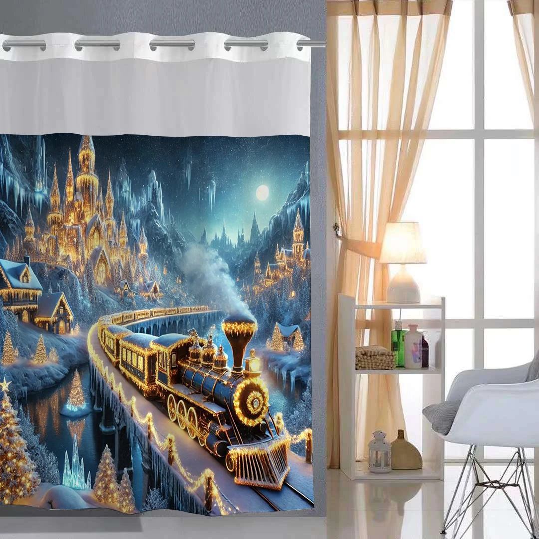 

Рождественская занавеска для душа без крючка с тканевой подкладкой, прозрачным верхним окном и водонепроницаемой двухслойной занавеской для ванны.