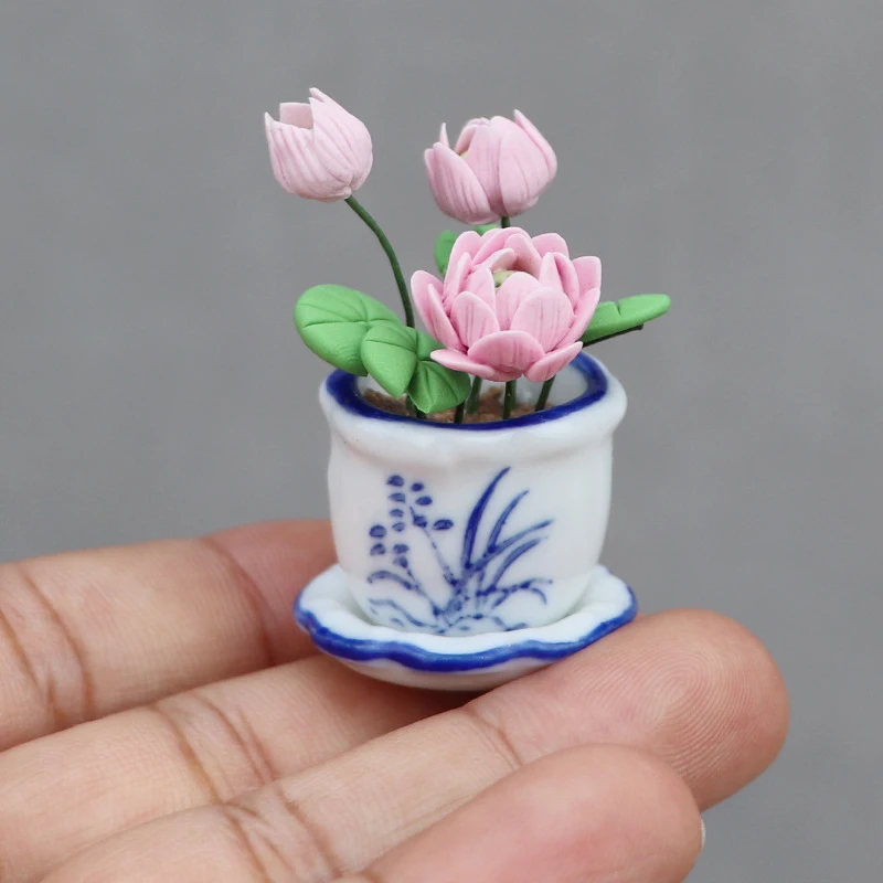 1:12 Mini Ceramic Pot Pink Lotus DIY Handmade Dollhouse Small Potted Plant Small Flowerpot Dollhouse Miniatures Scene Decoration