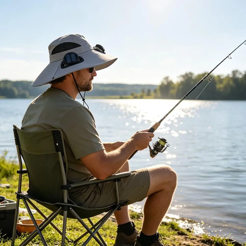 Outdoor Cooling Fan Bucket Hat Large Brim UV Protection Two Built In Fans Breathable Fishing Gardening Sun Hat With Strap