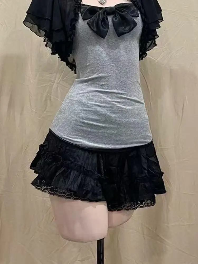 2025 sommer Frauen Kurzen Rock Y2K Schlank Patchwork Kurzen Mantel Bogen Leibchen Top Vintage Design Solide Tierred Mini Rock 3 stück Set