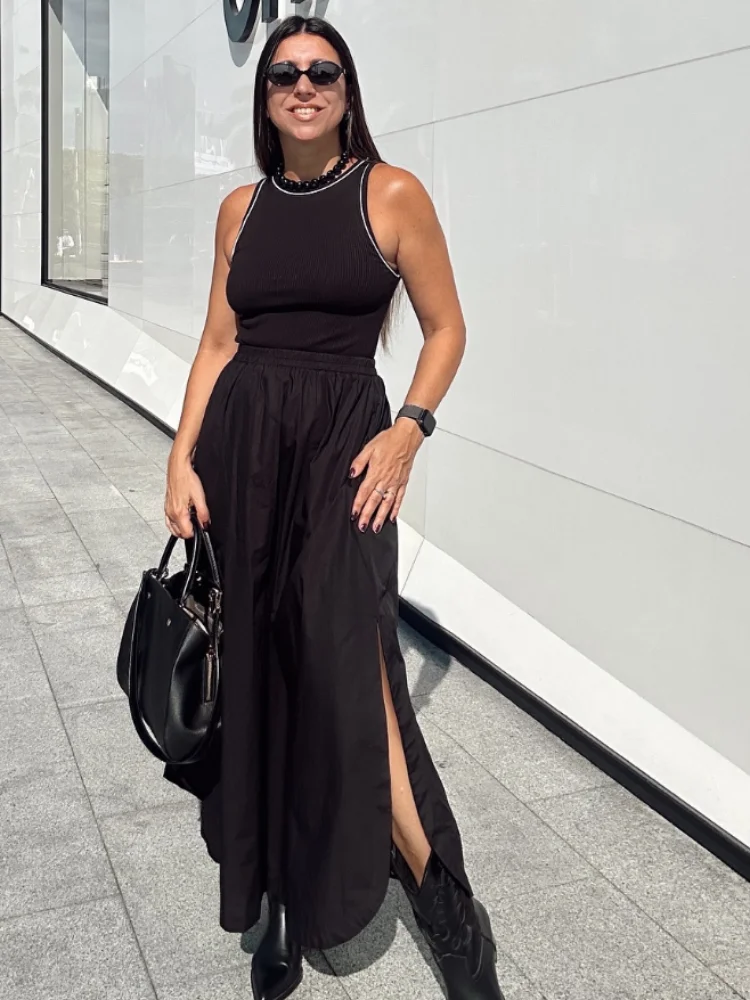 

Elegant Women Black Knitted Patchwork A Line Long Dress Fashion O Neck Sleeveless Pockets Robes Summer Chic Lady Street Vestidos