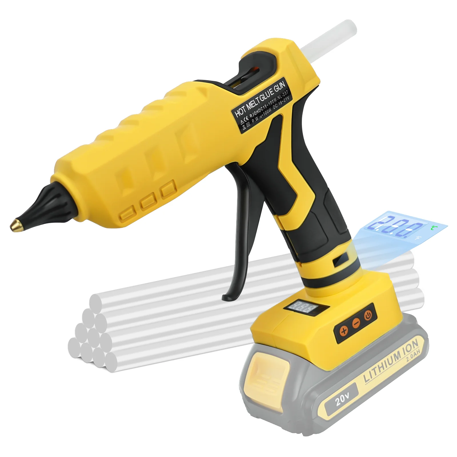 100W Cordless Hot Glue Gun LCD Digital Display Glue Gun with 10Pcs 11mm Glue Sticks for Dewalt 20V Battery (No Battery)