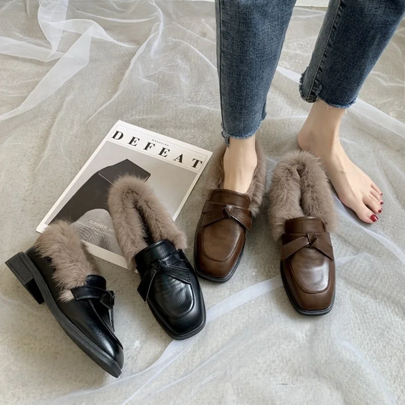 Luxury 2022 Fashion Women Loafers Faux Rabbit Fur Slip-on Shoes Woman Low Heels Casual Plush Warm Boat Shoes Zapatos De Mujer