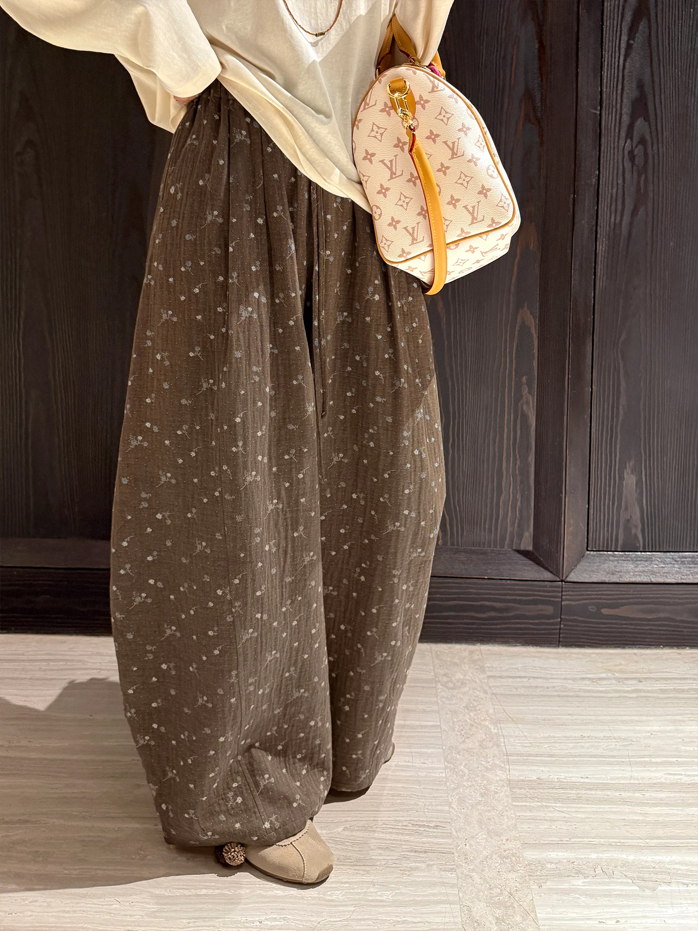 

Brown Double Layer Woven Elastic Waist Wide Leg Pants Floral Pattern High Waist Zipper Closure Cotton Fabric Commute Sle La...