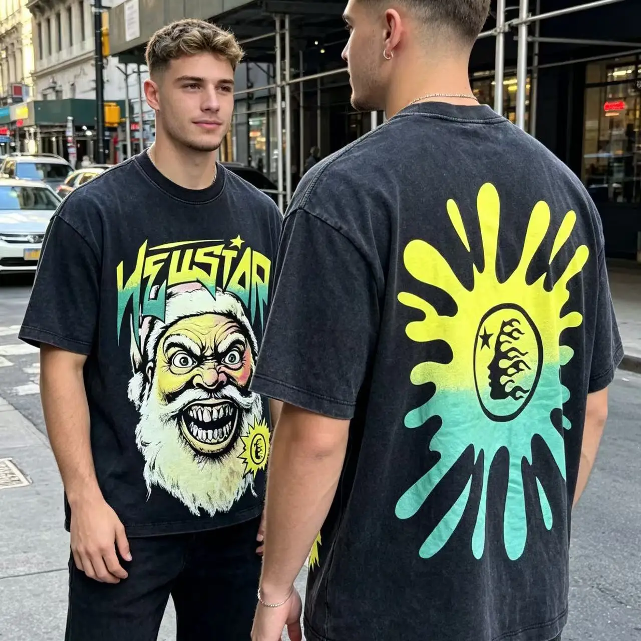 Retro Washed Christmas Santa Print T-Shirt Loose Fit Pure Cotton Short Sleeve Hip Hop High Street Style Unisex Youth Fashion