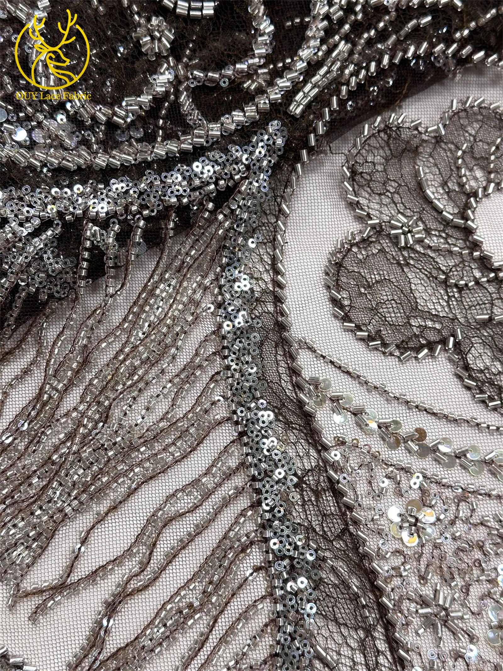 Goldene französische 3D-Laser-Quasten-Perlen-Spitze, luxuriöser afrikanischer Pailletten-Spitzenstoff, nigerianischer Mesh-Spitzenstoff für Damen-Hochzeiten – Detail 19