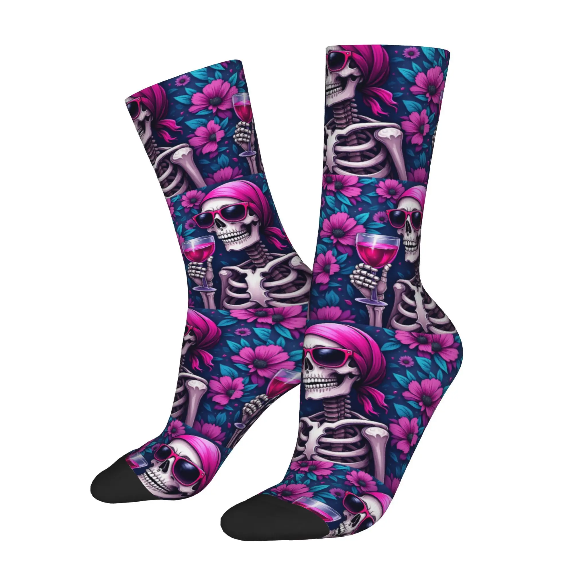 Funny Happy Skeleton Wearing Sunglasses Holding Glass Of Wine Vintage Harajuku  Hip Hop Casual Sock tops fugees