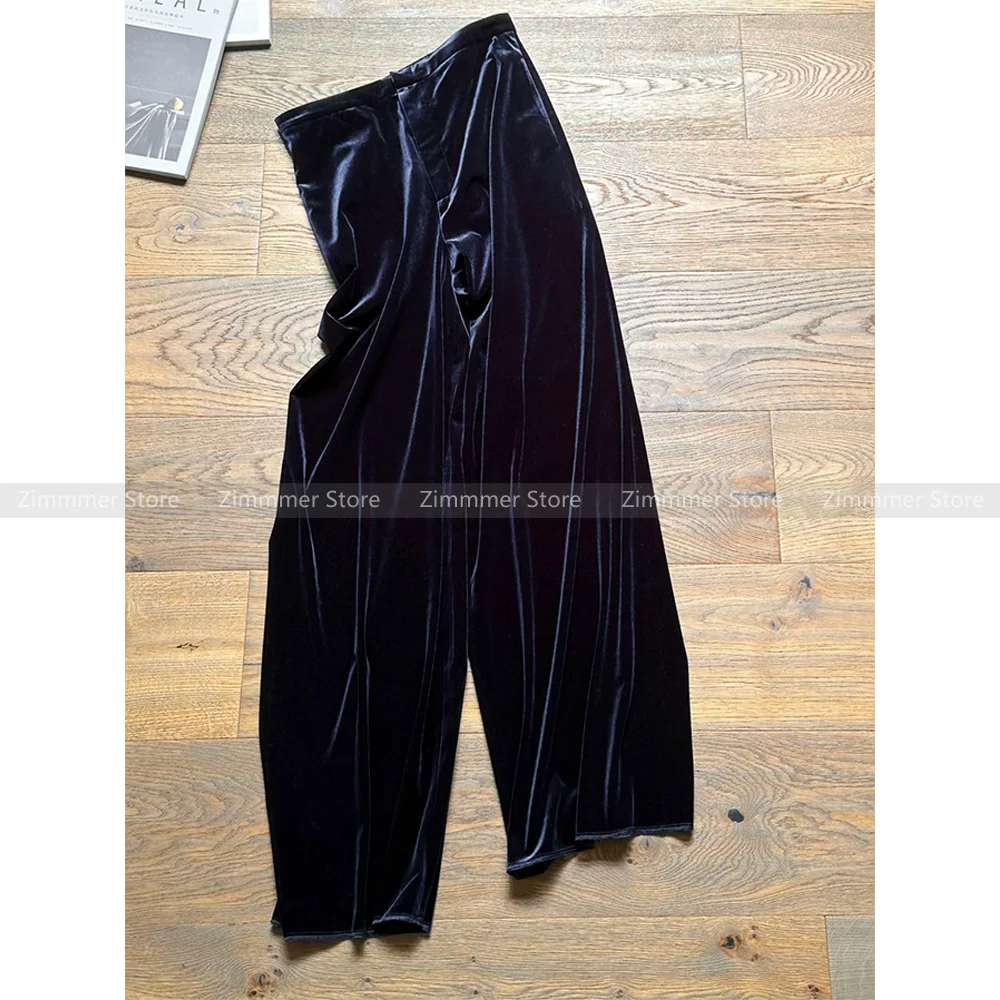 2024 Early spring new fashion versatile commuter navy velvet micro-flared wide-leg pants female