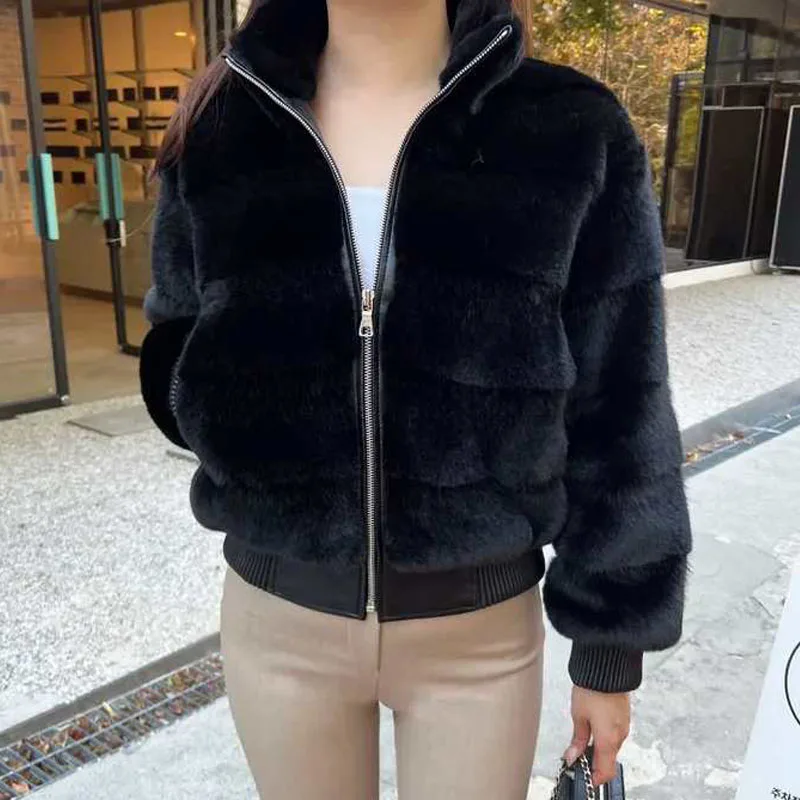 Women's ort Fur Coat Soft Plu Stand Collar Loose Fit Autumn Winter Faionable Rabbit Fur Simulation Outerwear Top