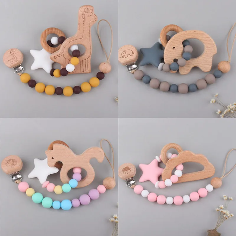 

Safety Beech Wood Baby Pacifier Clip Chain with Cartoon Bracelet Rattle Silicone Beads Newborn Dummy Soother Nipple Clip Holder