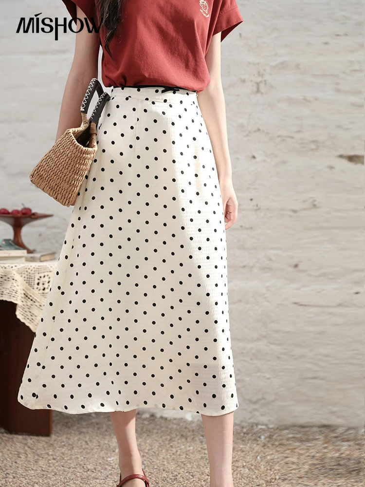 

MISHOW French Polka Dot Skirt for Women 2024 Summer Korean Bow High Waist Skirts Elegant Slim A-line Mid Length Skirt MXD25B0316