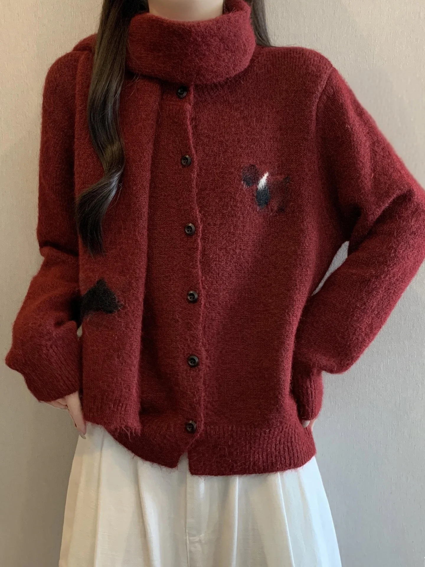 

Luy Dog Embroidered Knit Sweater Coat Women's Autumn Winter plus Size Lazy Anti-Aging Open Cardigan Warm Commute Sle