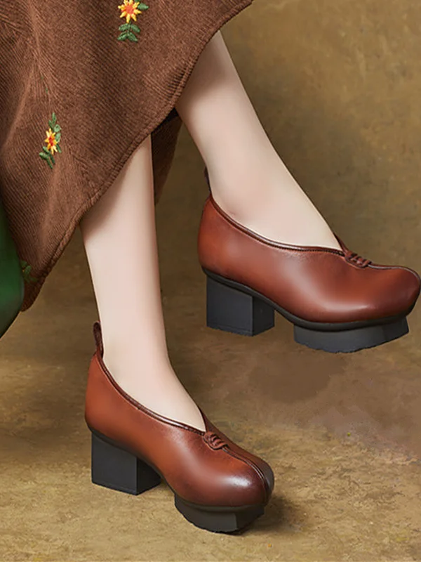 Retro Genuine Leather Thick Heel Middle Heel Waterproof Platform Chinese Style Women's Single Shoes Comfortable round Toe Rub...