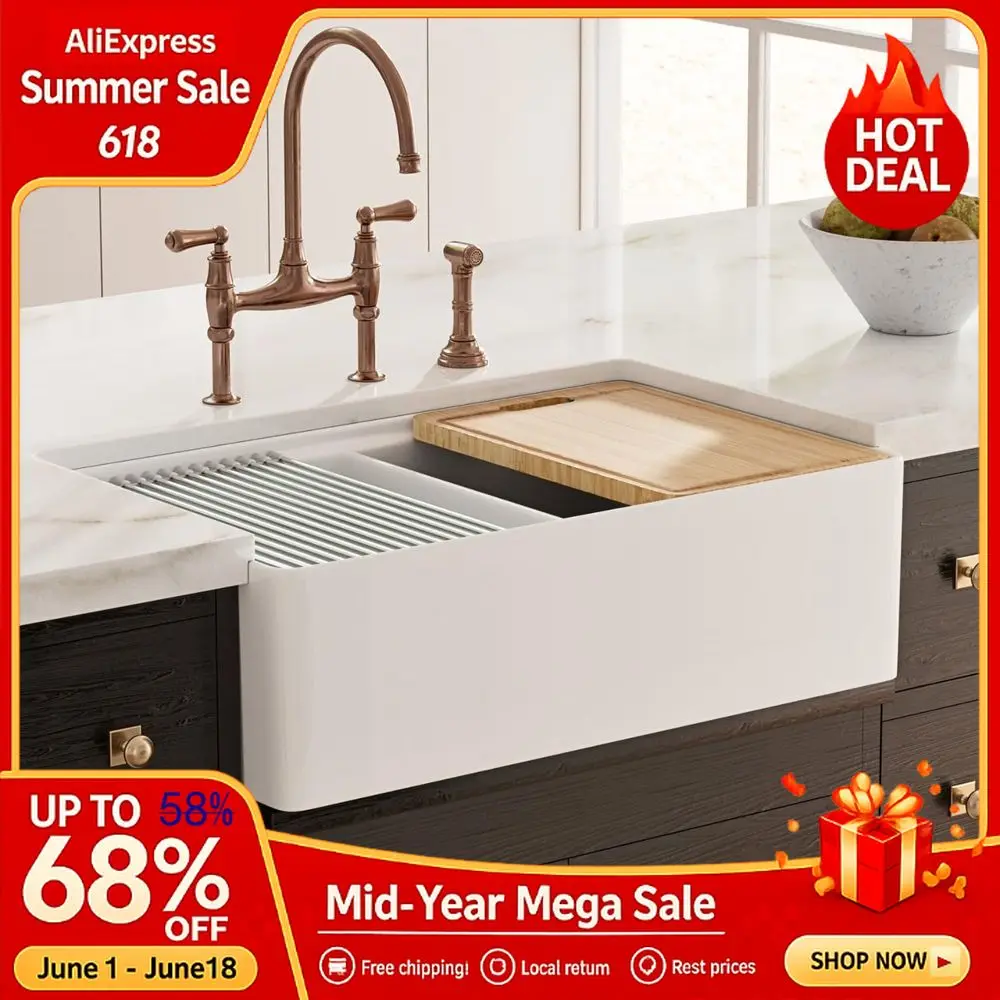 

33 Inch Double Bowl Farmhouse Kitchen Sink,33W x 19D White Workstation Sinks,Reversible Apronfront Sink with Drying Rack, Custom
