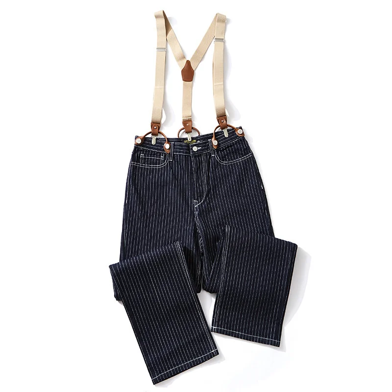 Men's Wide Okonkwo Leg Jeans Railway Stripe Tooling Suspender Pants AMEKAJI Locomotive Suspender Trousers Outdoor Camp Clothes