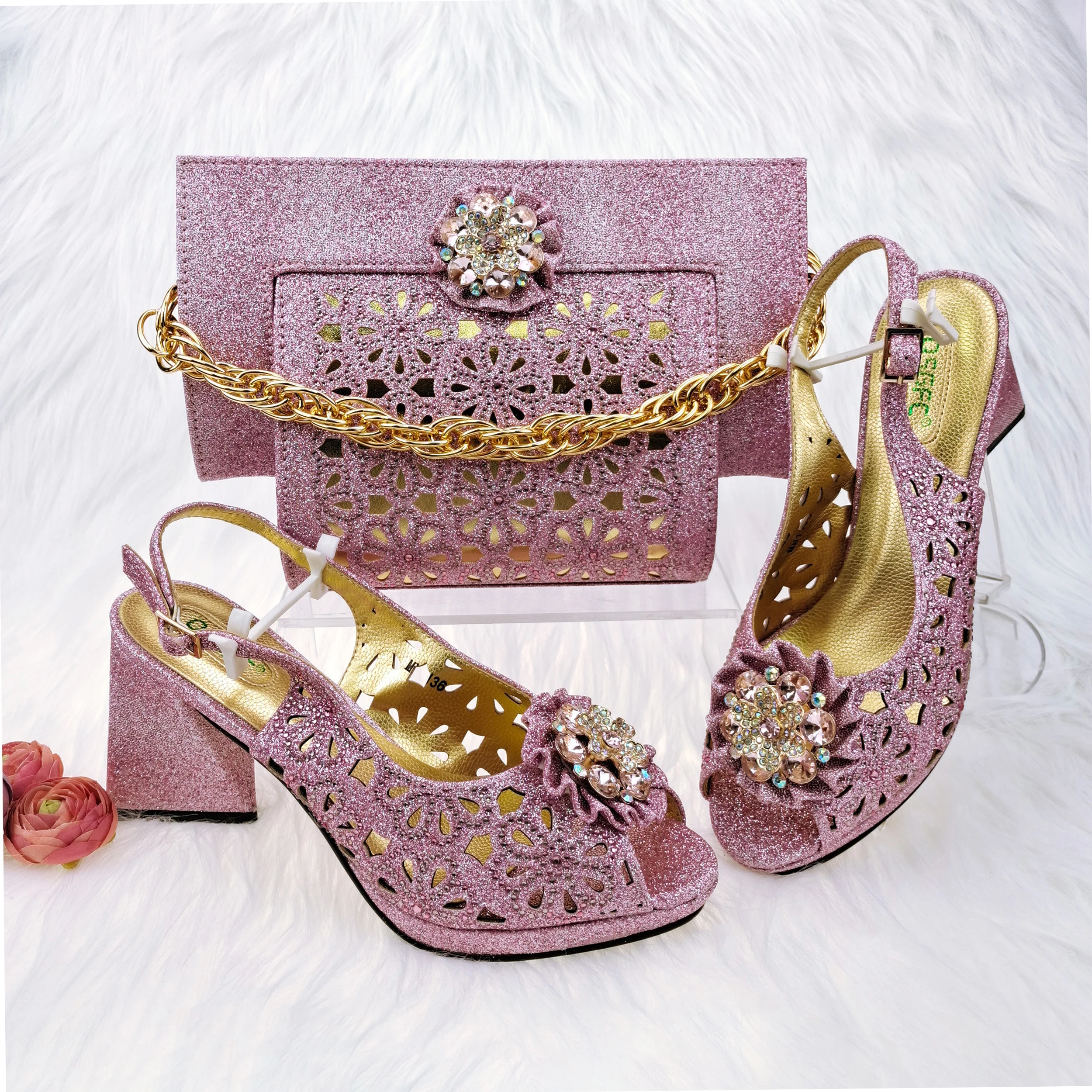 

QSGFC Casual Women's Thick Heels, High Heels, Water Diamond Inlaid Sandals, Square Root Design, Elegant Women's Shoe Bag Set