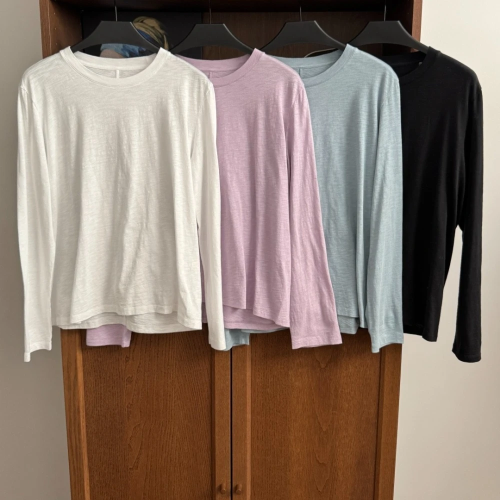 Soft Long-pile Loose Back and Middle Seams and Long Sleeves Cotton T-shirt Women Top
