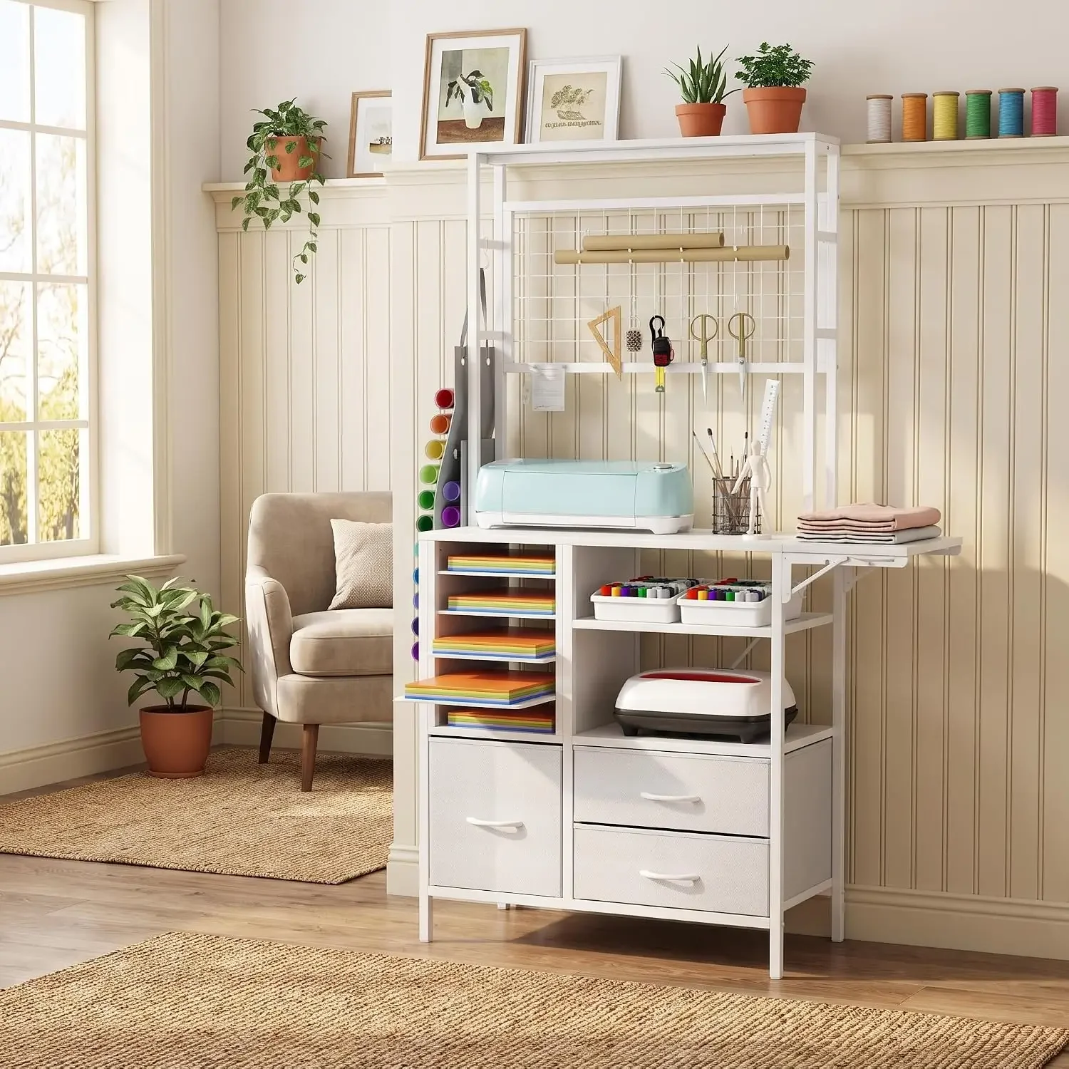 Craft Table with Fold Out Table Sewing Craft Desk with Storage&Vinyl Holder | Large White Craft Organizers and Storage Cabinet C
