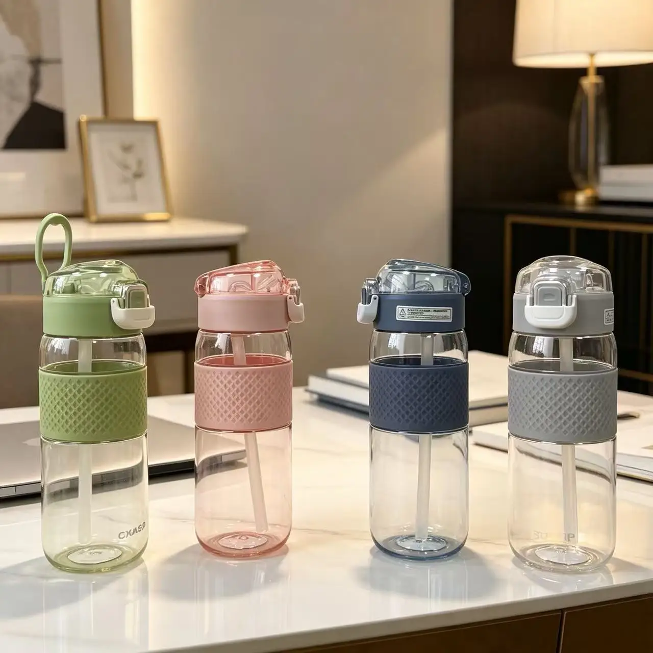 

540ml Large Capacity Pop Up Straw Water Bottle Leakproof With Silicone Anti-slip Sleeve Hidden Handle Simple Design Perfect Gift