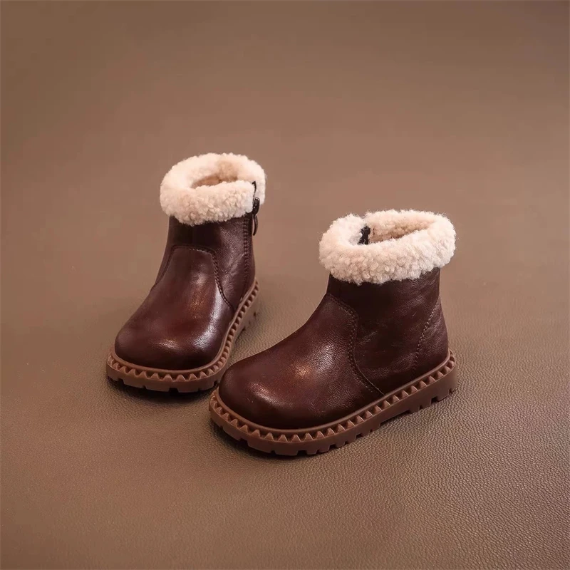 New Kids Snow Boots Girls Cotton Shoes Winter Warm Casual Baby Toddler Leather Boots  Student Kids Plush Chelsea Ankle Boots