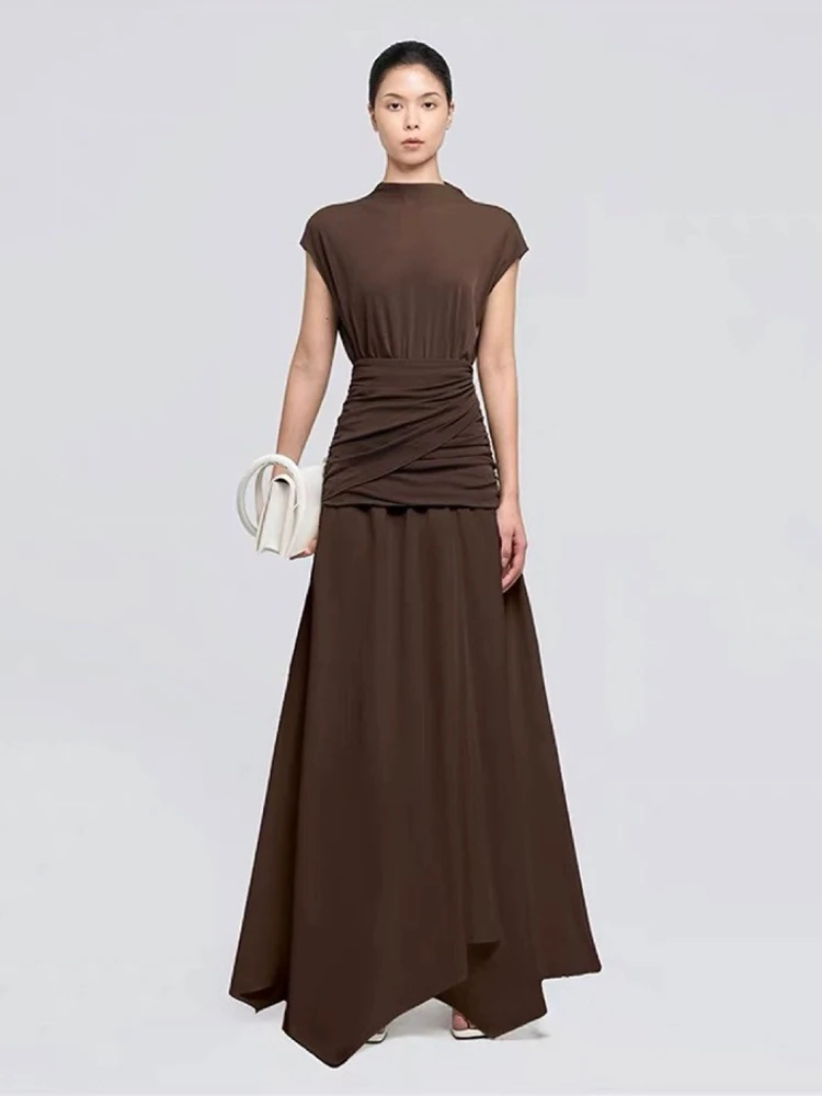 Sexy Sleeveless Pleated Irregular Contrast Color Long Dress Women O Neck Hollow Out Folds A-line Dresses Evening Party Cocktail