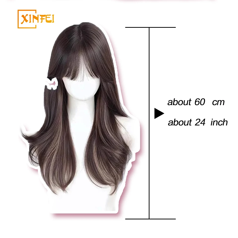 XINFEI Long Wave Wig Brown with pinkHighlight Synthetic Wig for Women Middle Part Natural Daily Heat Resistant Fiber