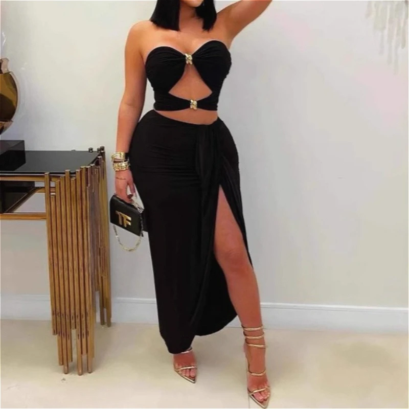 

Women Fitted Dress Set Two Pieces Solid Matching Sets Pleats Full Lenth High Slit Skirt Tube Strapless Slim Y2k Sexy 2026 Summer
