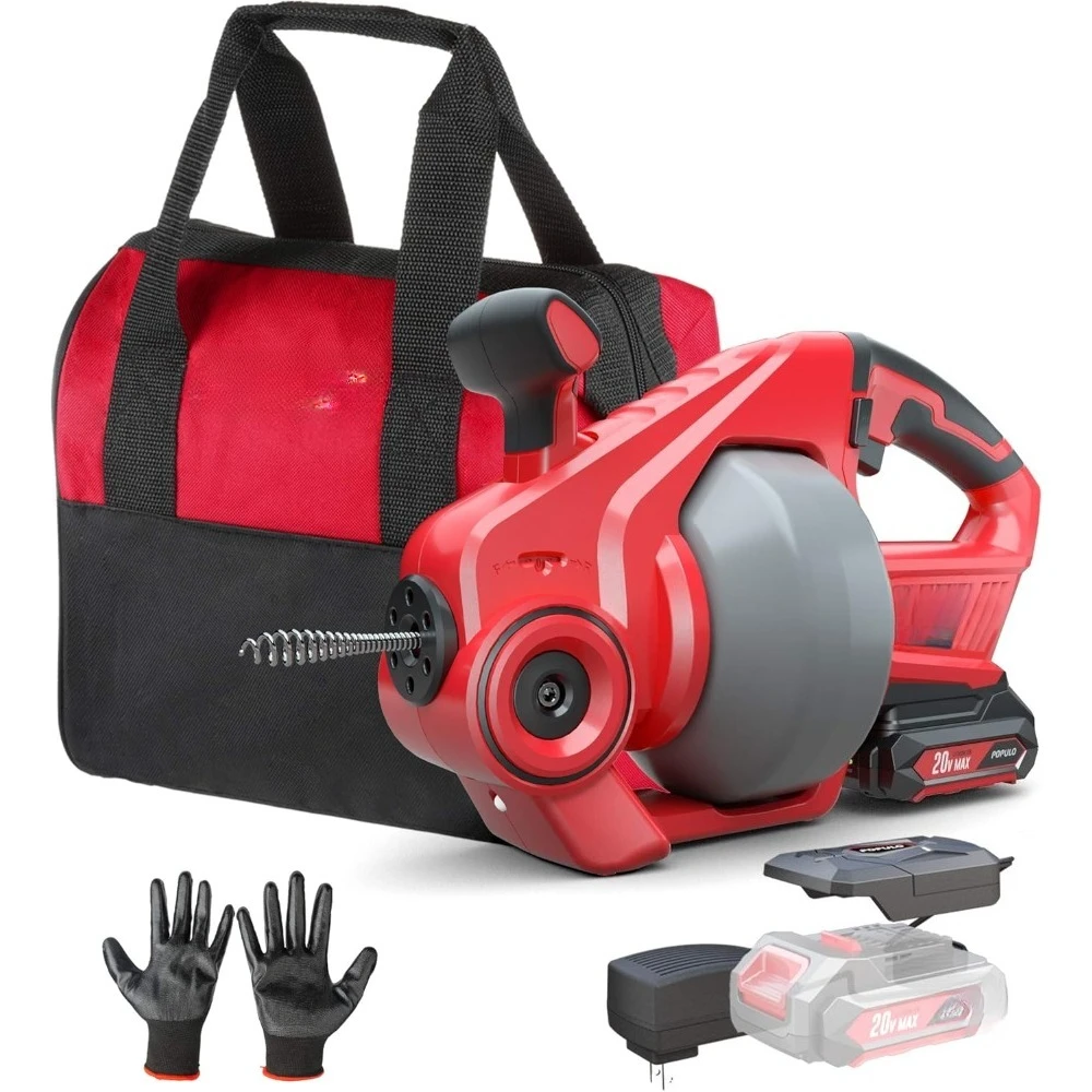 جديد 20 فولت استنزاف كهربائي لاسلكي Auger-25Ft التغذية التلقائية استنزاف ثعبان ث/كابل قابل للاستبدال، بطارية 2.0 أمبير، شاحن، حقيبة التخزين والقفازات