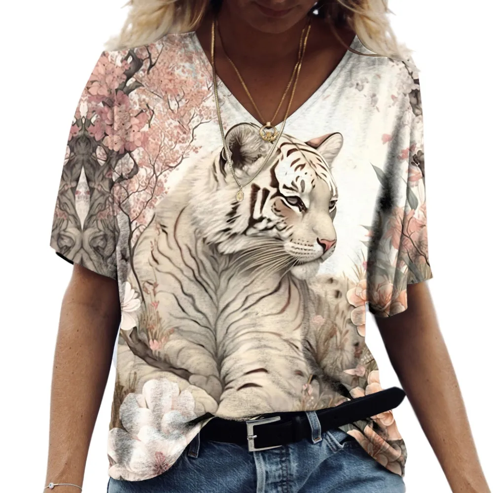 

2024 New Women's T Shirt 3d Animal Print V-Neck Short Sleeve Tops Tees Streetwear Female Oversized Tshirt Fashion Woman Clothing