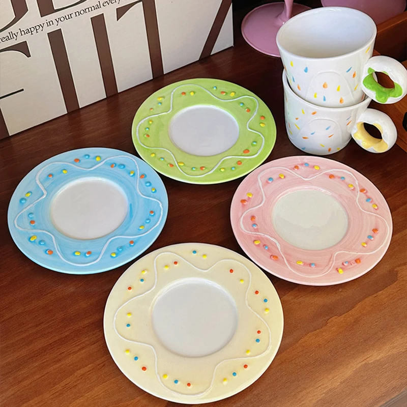 180ml Underglaze Color Relief Coffee Cup Plate Hand Drawn Candy Cute Creamic Flower Tea Cup Plate Sets Macaron Color Gift