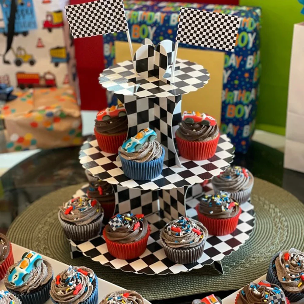 Подставки для кексов с гоночной машиной, товары для вечеринки в честь Дня Рождения, подарки на тему грузовика, трехуровневые картонные чашки для торта