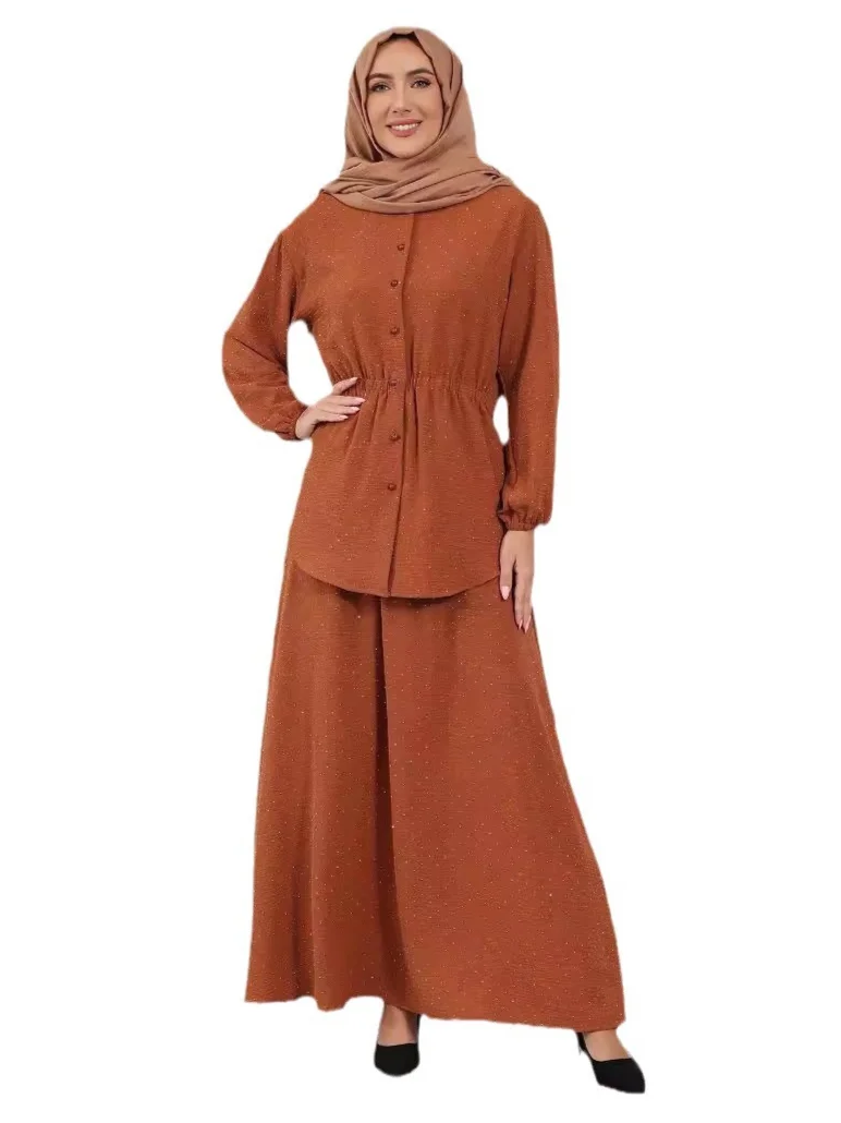 Ramadan Muslim Women Dubai Two Pieces Set Dress Buttons Tops Skirt Suit Abaya Arab Kaftan Islamic Eid Suits Turkey Casual Modest