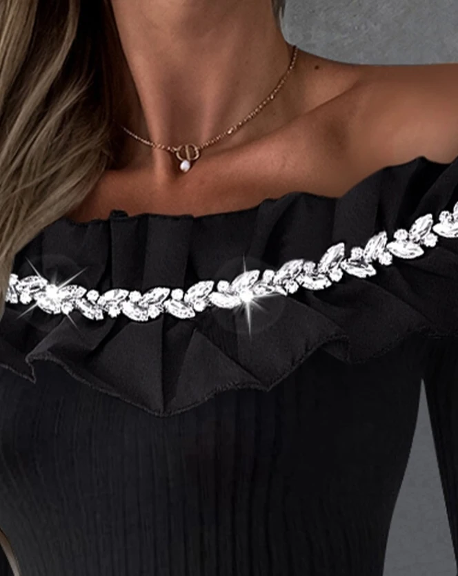 Fashion Woman Blouse Spring Rhinestone Ruffles Off Shoulder Casual Plain Long Sleeve Skinny Daily Tee Top Woman Clothing