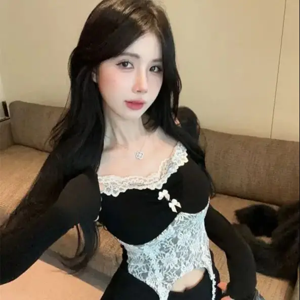 

Lace Splicing Long-Sleeved Short T-Shirt Women Autumn New Korean Version Slim Square Collar Exposed Collarbone Bottoming Shirt