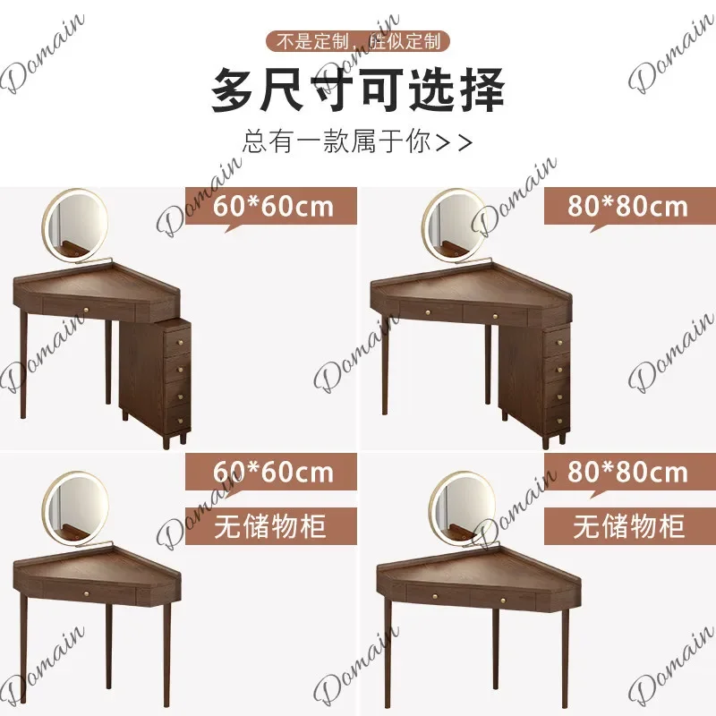 ZL Modern Oak Corner Vanity Desk With LED Lights, Solid Wood Makeup Table With Storage, Space-Saving Dresser For Small Bedroom