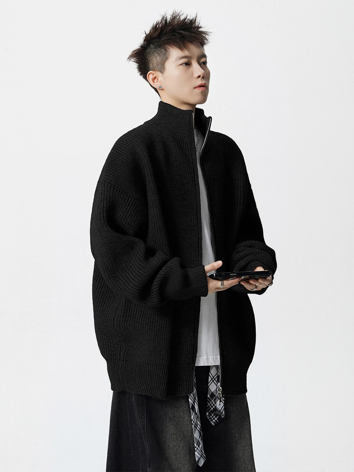 American Style Double Zipper Floral Gray Stand Collar Knitted Cardigan Men Autumn Winter Loose Casual Versatile Black Sweater